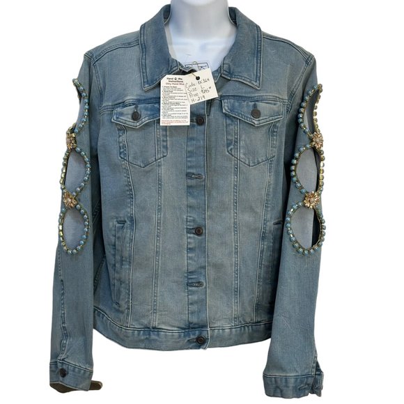 (H-219) Embellished Denim Jean Jacket Size L - Picture 2 of 12